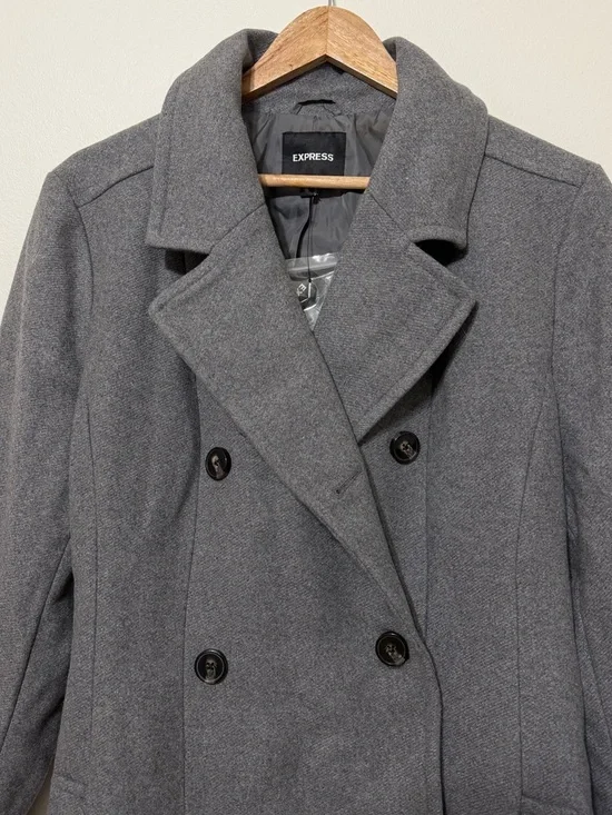 NWT Express Grey Pea Coat Size XL Wool Long Gray Tie NEW Women’s - Picture 3 of 8